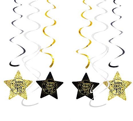 Oblique Unique® Happy New Year Wirbel Spiral Deckenhänger Girlande Set mit Sternen für Silvester Neujahr Party Feier Deko Schwarz Silber Gold