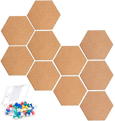 KAHEIGN 10Pcs Panneau de Liège Hexagonal, Tableau D'affichage Bricolage Auto-adhésif Tableau de Messages D'application Multifonctionnelle pour Le Bricolage - avec 40pcs Pins Colorés
