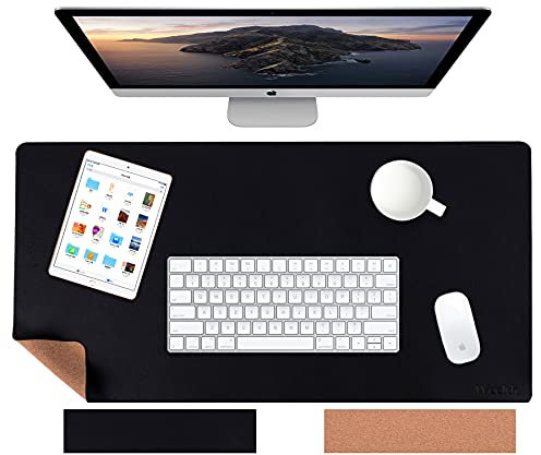 Weelth Sous-main de bureau en cuir PU imperméable et liège respectueux de l'environnement, grand tapis de souris double face pour le bureau, la décoration de la maison, les jeux vidéo (noir, 60 x 35