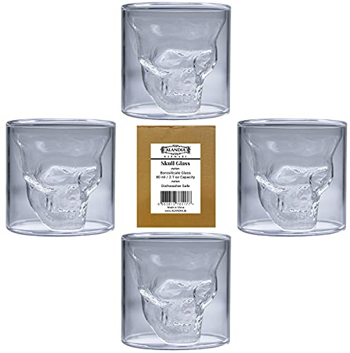ALANDIA Totenkopf Gläser | Skull Glas im 4er Set | Ideal als Absinth Gläser oder Schnapsgläser | 80 ml (nicht 25 ml)