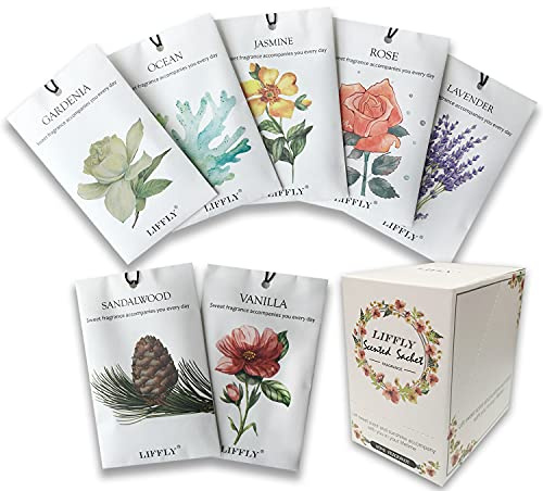 LIFFLY 14 Packungen Duftbeutel für Schubladen und Schränke, Lavendel, Rose, Jasmin, Ozean, Vanille, Sandelholz, Gardenie, 7 Duft