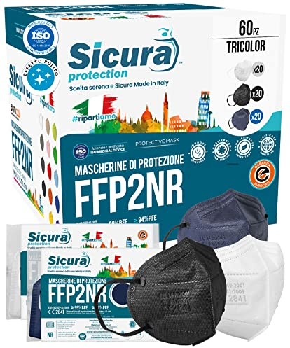 60 Mascherine FFP2 Certificate CE Colorate Nere Bianche e Blu (20+20+20) Made in Italy SICURA Protection BFE ≥99% Mascherina FFP2 vera Marcatura EFFETTO PULITO