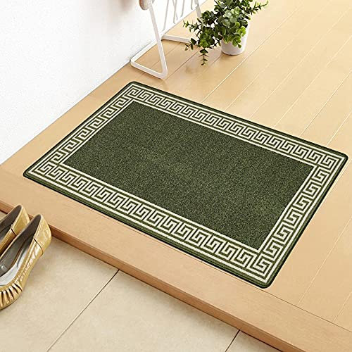 Door Mats Inside Non Slip Super Absorbent Heavy Duty Washable Bath Mat - Jute Back Floor Mats for Kitchen Office Chair Front Doormat Indoor | 40 X 60 cm - Greekey Green & Cream