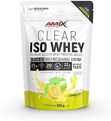 Amix Clear Iso Whey Protein 500 Gr - Aisaldo de Proteína de Suero Cristalina, Sabores Refrescantes / Promueve el aumento y mantenimiento de la masa muscular + Fácil Disolución Sabor Lima-Limón