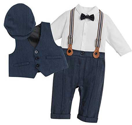 Taufanzug Junge Baby Neugeborenes Taufe Geburtstag Festliche Hochzeit Anzug Langarm Fliege Overalls Strampler+Weste+Mütze 3tlg Bekleidungssets klamotten Taufbekleidung Babykleidung Blau 12-18 Monate