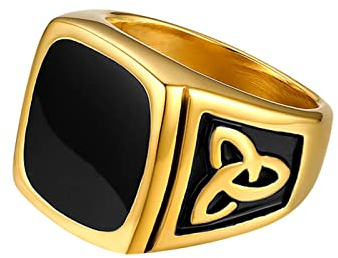 JewelryWe Schmuck Herren-Ring mit Gravur, Irischen Dreiecksknoten Trinity Keltisch Knoten Siegelring Edelstahl Emaille Ringe, Schwarz Gold Größe 57