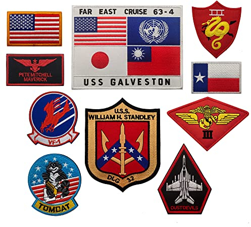 10 Stück Fernost Cruise United States Navy Maverick Applikation Patches Dust Devils VF-1 Tom Cat Naval Aviator Pilot Wings US Naval Aviator Embroidered Applikation Patch