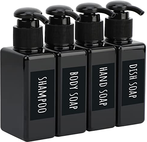 Segbeauty Distributeur de Savon Carrée, 4 Pièces 100ml Rechargeable Lotion Bouteille de Shampoing, avec Étiquette Imperméable et Manuscrite, Flacon Pompe Vide pour Bain, Cuisine, Hôtel - Noir