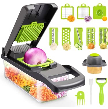 Celibstore-Multifuncional Cortador de Verduras- Mandolina de Cocina Cortador de Verdura- Calibradora de Verduras 7 Cuchillas Intercambiables Para Rebanar Cortar Rallar Frutas -Corta Patatas (gris)