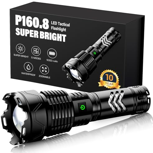 Sinvimes XHP160.2 Lampe de poche LED rechargeable, 120 000 lumens, tactique puissante avec zoomable, 6 modes, étanche IPX7, super lumineuse pour le camping, la randonnée,