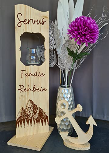Designbysh Holzaufsteller, Holz Deko Schild Holzschild Eingangsschild mit Leuchtglas oder Solarlampe Berge, Servus!