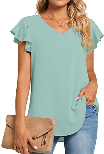 TAOHUADAO Womens 2024 Summer Casual Dressy Shirts V Neck Tunic Ruffle Short Sleeve Chiffon Tops Comfy Blouse X-Large, Light Green