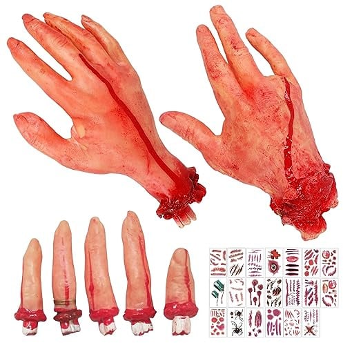 7 Stück Halloween Blut Requisiten, Gefälschter Daumen Finger Simuliert, Abgetrennte Finger, Haunted House Party Supplies blutige Requisiten mit 20 Tattoo-Aufklebern für Spukhaus Zombie Party Deko