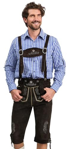 STEIGENHÖFER Lederhose Herren Tracht Kniebund - Reinhold - Trachtenhose mit Trägern - 100% Rindsleder - Traditionelle Echtlederhose - Ideal für Dein Oktoberfest Herren Outfit - Dunkelbraun - 48