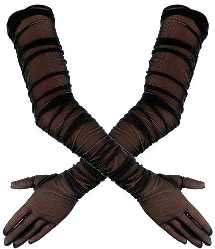 Yolev Damen Tüll Handschuhe Lange Schwarze Spitze Transparente Handschuhe Retro Ellbogenlänge Partyhandschuhe Damen Oper Halloween Teeparty Kostüm Zubehör