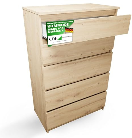 CDF Kommode Eiche Artisan mit 5 Schubladen 109 cm Hoch Sideboard Schmale Komode Schlafzimmerkommode für Flur Büro Schlafzimmer Wohnzimmer Schubladenschrank Regal mit Schubladen Schrank Möbelstück