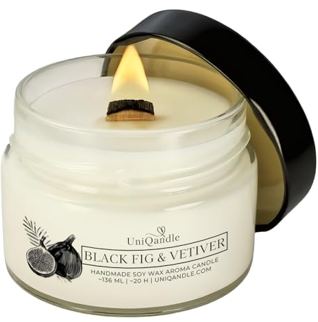 UniQandle Duftkerzen im Glas – Starker Duft, gleichmäßiges Brennen, als Geschenk geeignet – Langbrennend, Holzdocht, natürliches Wachs (Black Fig & Vetiver)