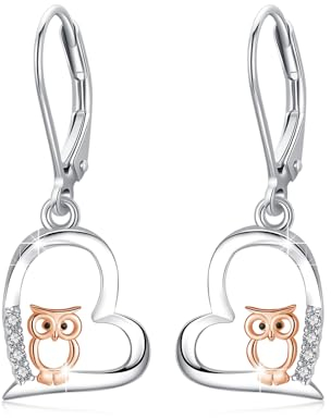 Eulen Ohrringe 925 Sterling Silber Herz Hängend Roségold Tropfen Schmuck Geschenk Hypoallergen für Mädchen Damen Ehefrau Mutter Frauen Muttertagsgeschenk