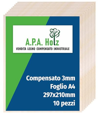 APA Holz Compensato di Betulla 3 mm, Foglio A4, Pannelli Multistrati di Betulla, Compensato Legno Qualità Professionale B/BB, Bricolage, Pirografia, Traforo, Legno da Decorare| 297x210 mm Pezzi 10
