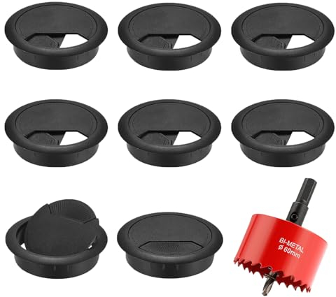8 Stück Schreibtisch Kabeldurchführung, 60mm Kabeldurchlass mit 1 Lochsäge Kabelauslassdose Kabelauslass Schwarz Kabeldurchführung Tisch Büro für Tisch Büro Arbeitsplatten
