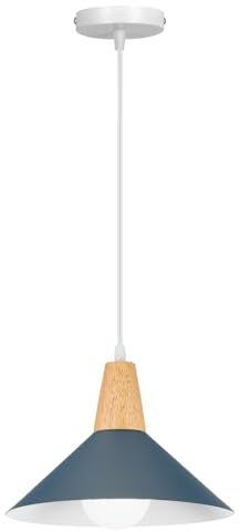 LIGKIN Pendelleuchte E27 Moderne Hängeleuchter Industrielle Deckenleuchte Ø25cm Metall Lampenschirm Vintage Holzkronleuchter für Küche Esszimmer Kaffeezimmer, Dunkelblau