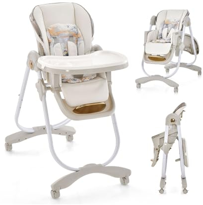 COSTWAY Seggiolone Pappa con Ruote, Seggiolone Pieghevole per Bambini con 6 Altezza e Inclinazione Regolabili, Poggiapiedi a 3 Posizioni e Vassoio Doppio Strato, per Bambini 6-36 Mesi (Grigio)