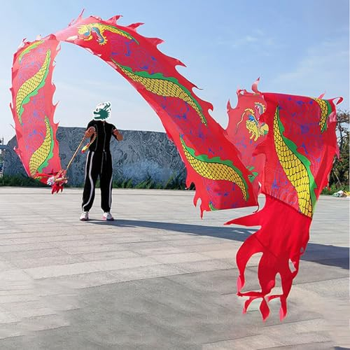 Cerf Volant Parc Poi de Dragon en Satin Arc-en-ciel Fluide, Accessoire de Dragon Adulte de Danse de Fitness Carré avec Tête, Banderole de Dragon Lavable pour Les Jeunes/ Adulte/ Personnes ( Color : Re
