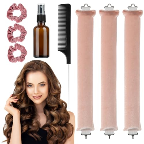 lahnao 3 Stück Locken Ohne Hitze, Weiches Heatless Curls mit Haken, Flanell Lockenwickler Über Nacht, Rosa Heatless Curls Band für Kurzes, Mittellanges und Langes Haar mit Großen Wellen (Rosa)