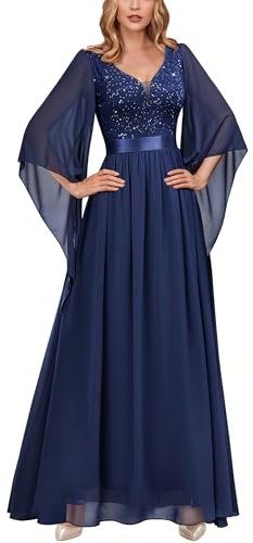 MIUSOL Women's Elegant Sequin Insert Lace Sheer Chiffon Deep V Neck Flare Sleeve Evening Prom Formal Long Dress (Large, Navy Blue)
