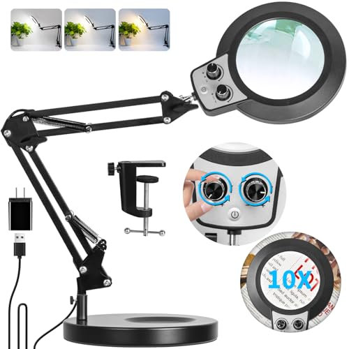 KIRKAS Lente d'ingrandimento 12X con luce e supporto, qualsiasi modalità di colore e luminosità continua Lampada di ingrandimento LED con morsetto, lente d'ingrandimento 2 in 1, lampada da scrivania