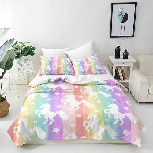 ANHOPE Bunte Regenbogen Einhorn Sterne Bettwäsche Set 3 Teilig Weich Bettbezug 155x220 cm & 2 Kissenbezug 80x80 cm Microfaser Bettbezüge Set mit Reißverschluss Bettdeckenbezug für Kinder Mädchen