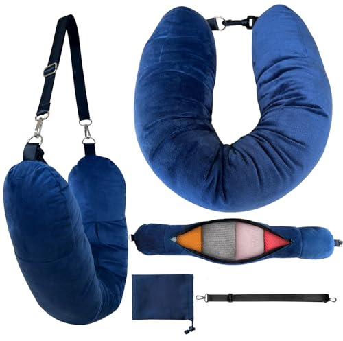 WheComd Stuffable Neck Pillow, Stuffable Travel Pillow with Clothes, Portable Pillows for Airplane Train Car, Holds 3+ Days of Travel Essentials Storage Bag, Soft Velvet Neck Pillow Cover (Sea Blue)