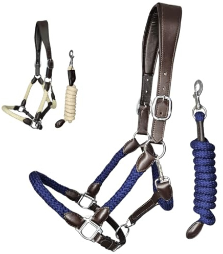 Buenarate Reithalfter mit passendem Steg – anatomische Matte – Marineblau – volle Größe – Premium Halfter aus veganem Leder und 100 % Baumwolle. Exklusives Design, elegant und anatomisch