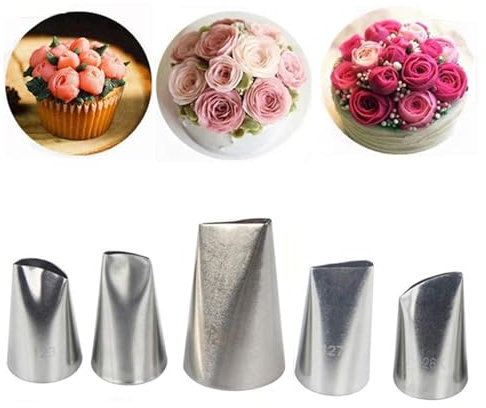 WishesMar Petal Piping Tips Set 5 Pcs Rose Flower Stainless Steel Icing Nozzles for Cupcakes Cookies Pastry Cakes DIY Decorating Supplies Baking Tips Nozzles Set