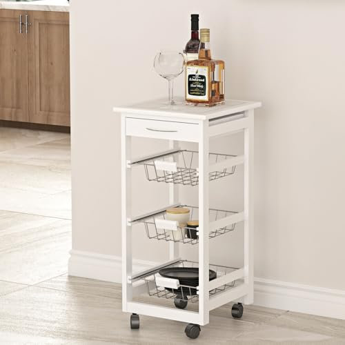 URBNLIVING 3-Tier Modern Rolling Kitchen Storage Trolley Cart on Wheels | Serving Cart with Drawer and Basket Storage | Portable Mobile Kitchen Organiser for Home Dining & Entertaining, White