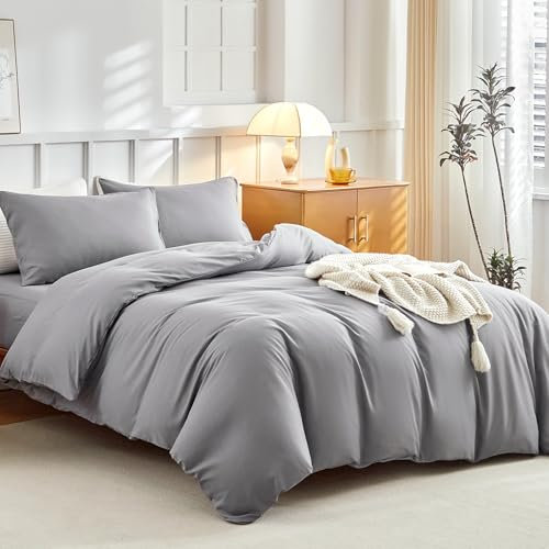 Tokokimo Double Duvet Cover Set 4PCS Bedding Set with Fitted Sheet, Soft Microfiber Double Duvet Set with Pillowcases and Extra Fitted Sheet, Solid Grey Bedding Double Bed Set
