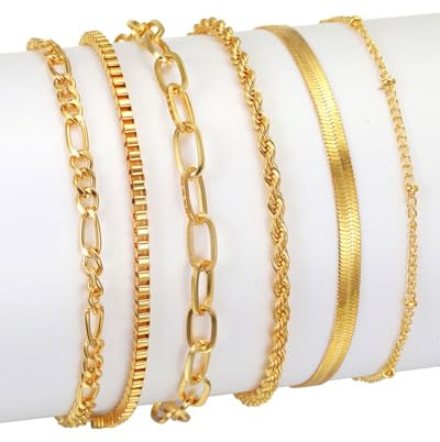 JEXOWIQ Armbänder für Damen,6 Pcs Gold Armbänder Armband Damen,Cubic Zirkonia Gold Armband Damen,18k Vergoldet Armband Damen,Ketten Armbander Set,Gold Armband Set für Damen Mädchen