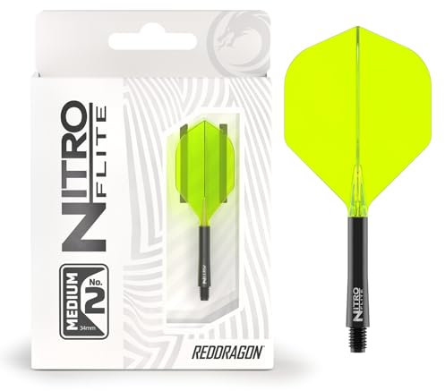 RED DRAGON Darts – Nitro Flite Integriert Flüge & Schäfte System – No.2 Form und Design – Schwarz & Gelb Farbe, Medium Länge