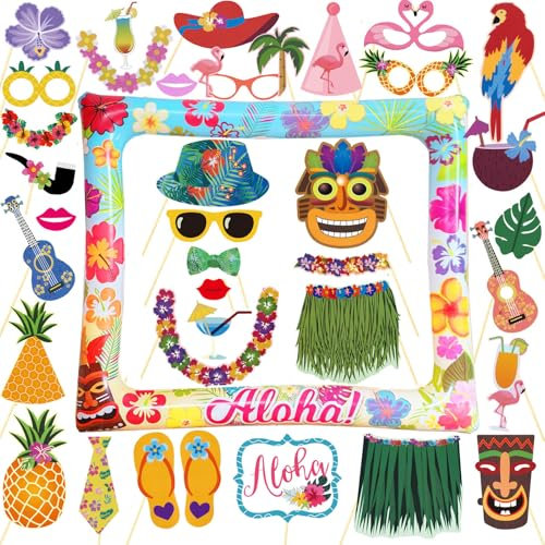 LMSHOWOWO 36 PCS Hawaii Foto Requisiten Set und Aufblasbarer Fotorahmen, Sommer Fotobox Accessoires, Hawaii Thema Photo Booth Props, Aloha Fotorequisiten, für Sommer Strand Luau Party Supplies
