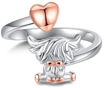 Hochland Kuh Geschenke 925 Sterling Silber Hochland Kuh Ring Einstellbar Tier Offen Ring Liebe Herz Kuh Schmuck Geschenk für Frauen