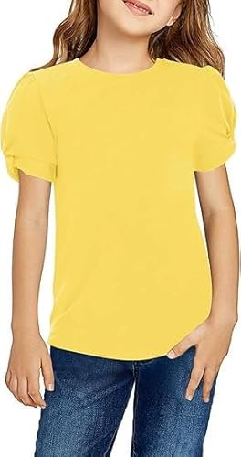 Arshiner Girls T-Shirts Puff Sleeve Kids Summer Round Neck Short Sleeve Tops Casual Cotton Fashion Tee Shirt for Girls 9-10 Years Yellow