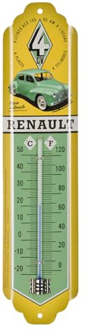 Nostalgic-Art Retro Thermometer, 7 x 28 cm, Renault – 4CV | Original Renault Lizenzprodukt (OLP), analoges Innenthermometer, Vintage Design, Geschenk-Idee für Renault-Fans