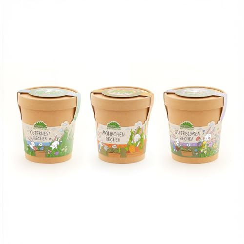 Die Stadtgärtner Anzuchtsets für Ostegras, Möhrchen und Blumen | Setartikel zum Sparpreis | 3 Anzuchtsets inkl. Pflanzbecher, Saatgut und Quelltabletten | Tolles Ostergeschenk für Pflanzenliebhaber
