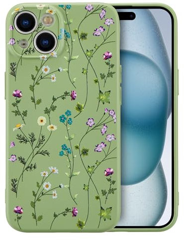 RALEAVO Flower Case for iPhone 15 Plus, Liquid Silicone Shockproof Protection Case Cover for Girls Women with Aesthetic Cute Floral Patterns Soft Slim Phone Case for iPhone 15 Plus 6.7-Green