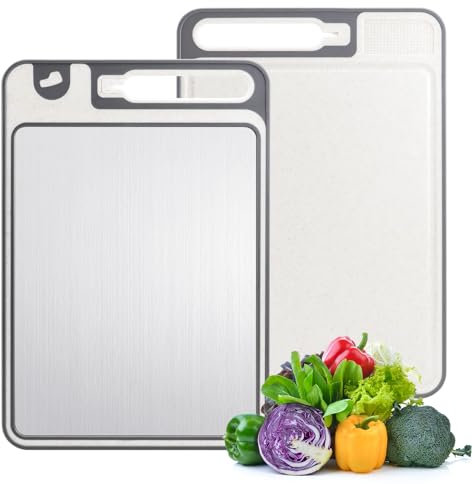 Aischens Planche à Découper Titanium Double Face Antidérapante - Qualité Alimentaire (Titane Pur/PP Paille de Blé) pour Cuisiner Viande & Légumes - Design Hygiénique Lavable Lave-Vaisselle