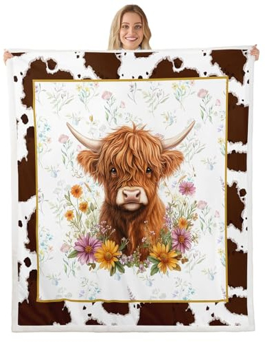 Homemissing Highland Cow Decke 150x200cm Highland Cattle Couchdecke für Kinder Teens Erwachsene Floral Couchdecke Kuhfell (Nicht echt)