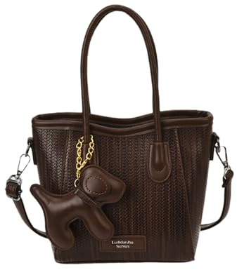 CORIOS Damen Tote Handtasche mit 3D Hundanhänger PU Leder Schultertasche Umhängetasche Eleganter Gewebter Textur Henkeltasche Reisen Büro Einkaufen Arbeit Tote Beutel Tragetasche Kaffee