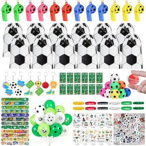 158 Stück Fußball Mitgebsel, Fußball Party Set, Gastgeschenke mit Turnbeuteln, Schlüsselanhängern, Flipperspiel, Armbändern, Tattoos & Stickern