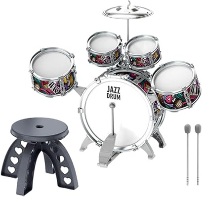 TAIZhiChen Batteria per Bambini, Strumento a Percussione, Giocattolo, Comprensiva di Tamburi, Piatti, Bacchette E Sgabello per Bambini, Spettacoli Teatrali E con, 5 in 1