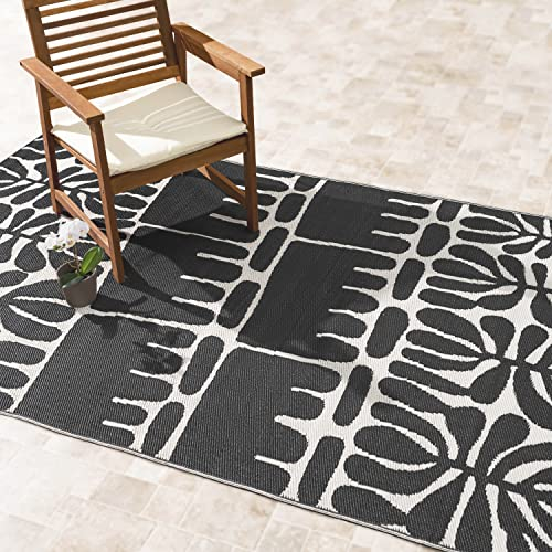 FAB HAB - Outdoor-Teppich - wetterfest, farbecht, wendbar - recycelter Premium-Kunststoff - Tribal, Schwarz & Weiß - Terrasse, Garten, Balkon - Kunststoffteppich Serowe - Schwarz - 120 x 180 cm